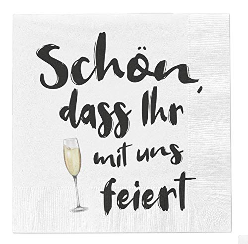 40 Stück Servietten Papierservietten mit Spruch 3-lagig 33x33cm Feier Party Hochzeit Geburtstag Silvester Gäste Tischdeko (Schön, dass Ihr mit uns feiert) von MC Trend