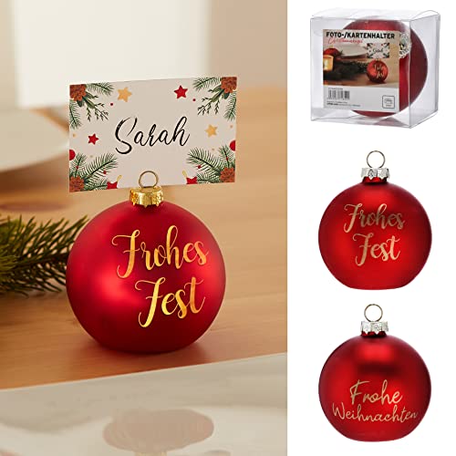MC-Trend Christbaumkugel Kartenhalter Fotohalter in rot matt & goldener Schrift ⌀ 8 cm mit Metallklammern Weihnachtskugel Tischkartenhalter Platzkartenhalter Tischdeko (2x Frohes Fest) von MC-Trend