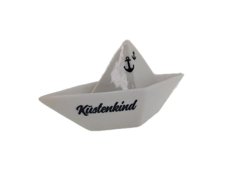 MC-Trend – Deko Porzellan Papierboot/e – „Küstenkind“ – groß ca. 15 x 5,5 cm – Porzellan/weiß – Maritime Marine Tischdeko Schiff Geburtstag Hochzeit Jubiläum Party Taufe (groß Küstenkind) von MC-Trend