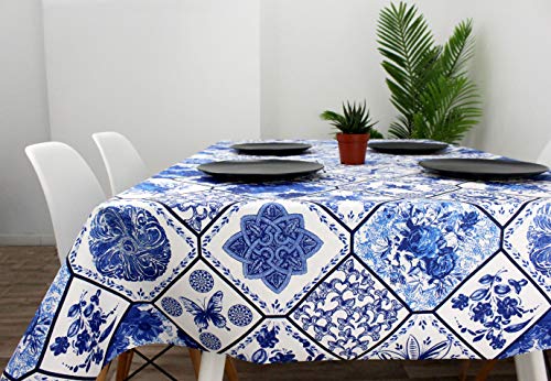 Tischdecke aus schmutzabweisendem Stoff, wasserdicht und leicht zu reinigen, waschbar, flüssigkeits- und fleckenabweisend, klassisches blaues Fliesendesign von MCM