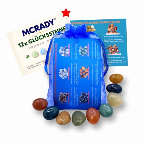 MCRADY 12x Edelsteine für Kinder | Glückssteine Set im Organzasäckchen (2-3 cm) | Mitgebsel mit Beschreibungskarte für Kindergeburtstag, Einschulung, Taufe, Kindergarten von MCRADY