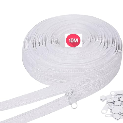 MCSQK Endlosreißverschluss mit Zipper, 10m Lang #5 Nylon Reissverschluss Endlos Weiß mit 20 Zipper Metall, 34 mm Breit Reißverschluss Meterware Teilbar für Taschen Bettwäsche Nähen Jacke Kleidung von MCSQK