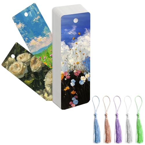 MCTNCT 50 Stück Aquarellpapier, Aquarellblock NaturweißEs mit 50 PCS Quasten, Watercolor Paper 300g, Lesezeichen Blanko, für Wasserfarben, Malerei, DIY Lesezeichen Basteln(Quasten 5 Farben) von MCTNCT