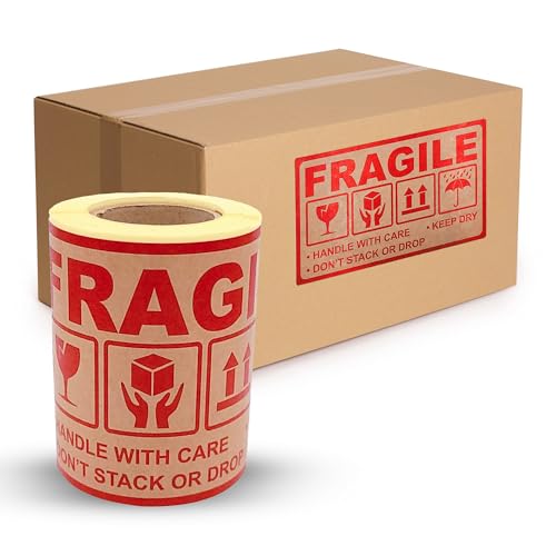 MD Labels KRAFT etiketten auf rolle 150x90mm – 100 Labels- 100 stuck- FRAGILE- handle with care – keep dry – don’t stack or drop- this way up von MD Labels