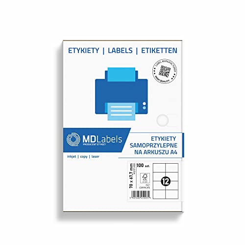 MD Labels Universal 12 Etiketten DIN A4-70 x 67,7 mm 1200 Etiketten auf 100 Blätter- Klebeetiketten - mattes Papier – bedruckbare - Weiß von MD Labels