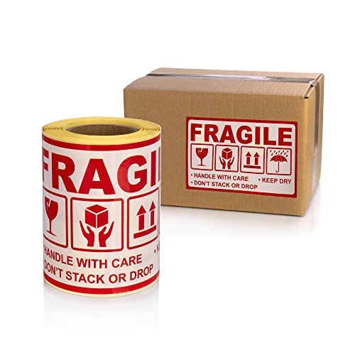MD Labels Warnetiketten auf rolle 90x150mm- 100 stuck- FRAGILE- handle with care – keep dry – don’t stack or drop- this way up- selbstklebendes Papier- versandetiketten von MD Labels