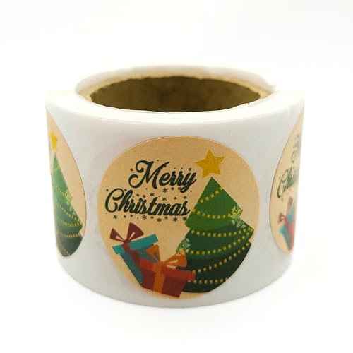 MD Labels Weihnachtsaufkleber KRAFT Rolle, Rund Etiketten, Merry Christmas Sticker, Weihnachtsgeschenke Sticker 200 Stück (Weihnachtsbaum, FI 35) von MD Labels