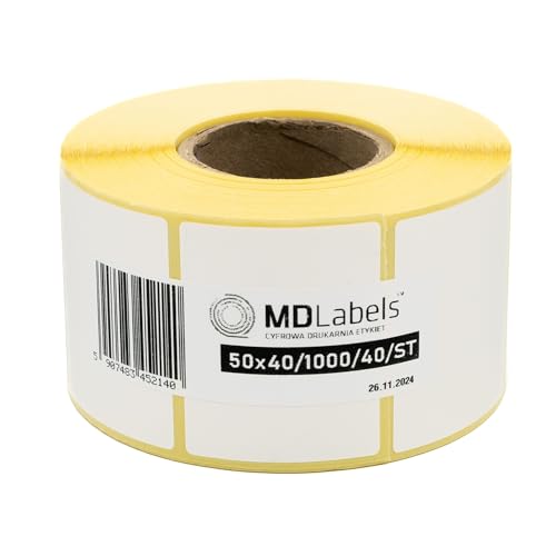 MD Labels Weiße Thermo etiketten auf Rolle 50x40mm 1000 Stück - permanent haftend, für Barcode, weiße Klebeetiketten zur Beschriftung Thermische etiketten von MD Labels
