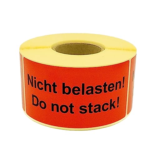 MDlabels Warnetiketten auf rolle 100x50mm 500 Stück Nicht belasten! Do not stack! – Versandaufkleber - selbstklebendes Papier - Leuchtrot stark haftend - Versandhinweis Haftetiketten von MD Labels