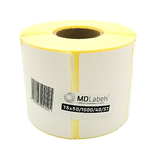MDlabels Weiße Thermo etiketten auf Rolle - 75x50 mm - 1000 Stück - permanent haftend, für Barcode, weiße Klebeetiketten zur Beschriftung von MD Labels