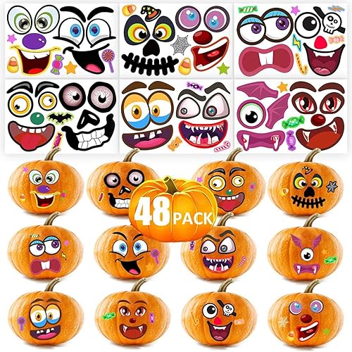 48Pcs Halloween Kürbis Aufkleber, Halloween Bastelset Gesicht Sticker, Halloween Kürbis Deko für Halloween Party Dekoration von MDJEWV