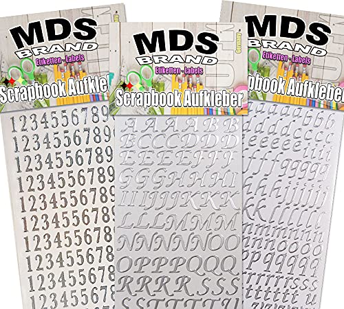 MDS Brand 1,5cm Buchstaben & Zahlen Aufkleber Mit Feinem Eleganten Rand - 3er/pk Zum Beschriften & Gestalten Von Fotobuch & DIY Projekte, Dekorative Matt Mit Silber Rand 24 (Silber) von MDS Brand