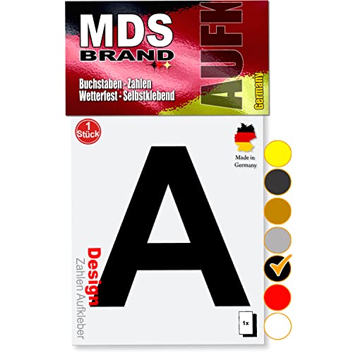 MDS Brand 10cm Design Buchstaben Aufkleber Selbstklebende Klebebuchstaben | Wetterfest Alphabet zum Aufkleben für Briefkasten, Auto, Mülltonne, Vinyl Buchstaben für Außen & Innen (Schwarz, A) von MDS Brand