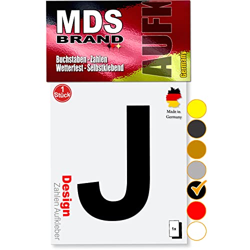 MDS Brand 10cm Design Buchstaben Aufkleber Selbstklebende Klebebuchstaben | Wetterfest Alphabet zum Aufkleben für Briefkasten, Auto, Mülltonne, Vinyl Buchstaben für Außen & Innen (Schwarz, J) von MDS Brand