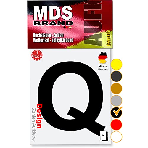 MDS Brand 10cm Design Buchstaben Aufkleber Selbstklebende Klebebuchstaben | Wetterfest Alphabet zum Aufkleben für Briefkasten, Auto, Mülltonne, Vinyl Buchstaben für Außen & Innen (Schwarz, Q) von MDS Brand
