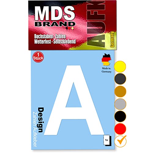 MDS Brand 10cm Design Buchstaben Aufkleber Selbstklebende Klebebuchstaben | Wetterfest Alphabet zum Aufkleben für Briefkasten, Auto, Mülltonne, Vinyl Buchstaben für Außen & Innen (Weiss, A) von MDS Brand