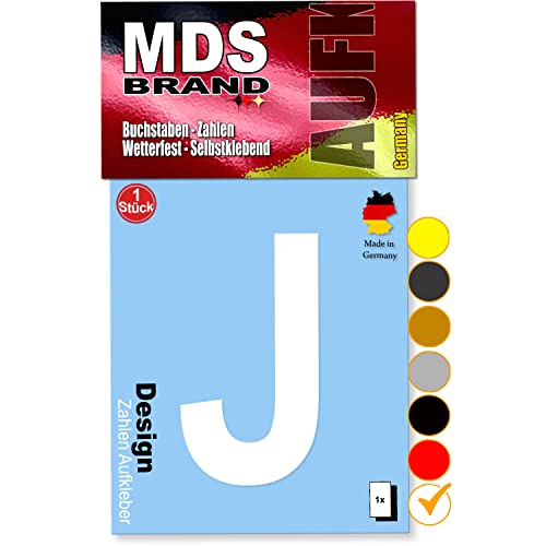 MDS Brand 10cm Design Buchstaben Aufkleber A-Z Selbstklebende Klebebuchstaben | Wetterfest Alphabet zum Aufkleben für Briefkasten, Auto, Mülltonne, Vinyl Buchstaben für Außen & Innen (Weiss, J) von MDS Brand