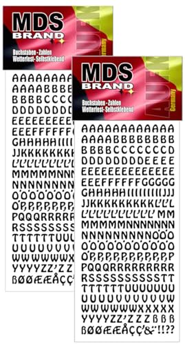 MDS Brand 7mm Buchstaben Aufkleber Weiss A-Z, Schriftgröße ca. 7 mm, selbstklebend, wetterfest, klein, Nummer Ziffer KlebeBuchstaben Sticker Hausnummern aus Folie zum Aufkleben (2, Buchstaben) von MDS Brand