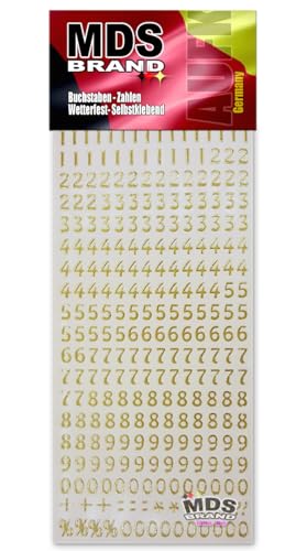 MDS Brand 1cm Zahlen Aufkleber Gold 0-9, Schriftgröße ca. 10 mm, selbstklebend, wetterfest, klein, Nummer Ziffer Klebezahlen Sticker Hausnummern aus Folie zum Aufkleben (1, Zahlen-Gold) von MDS Brand