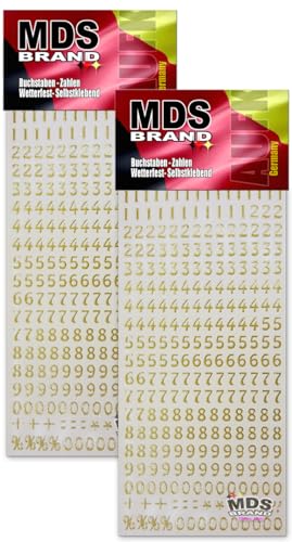 MDS Brand 1cm Zahlen Aufkleber Gold 0-9, Schriftgröße ca. 10 mm, selbstklebend, wetterfest, klein, Nummer Ziffer Klebezahlen Sticker Hausnummern aus Folie zum Aufkleben (2, Zahlen-Gold) von MDS Brand