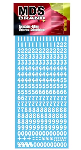 MDS Brand 1cm Zahlen Aufkleber Schwarz 0-9, Schriftgröße ca. 10 mm, selbstklebend, wetterfest, klein, Nummer Ziffer Klebezahlen Sticker Hausnummern aus Folie zum Aufkleben (1, Zahlen-Weiss) von MDS Brand