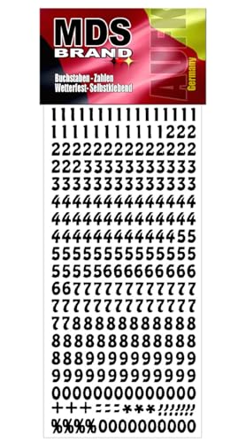 MDS Brand 1cm Zahlen Aufkleber Schwarz 0-9, Schriftgröße ca. 10 mm, selbstklebend, wetterfest, klein, Nummer Ziffer Klebezahlen Sticker Hausnummern aus Folie zum Aufkleben (1, Zahlen) von MDS Brand