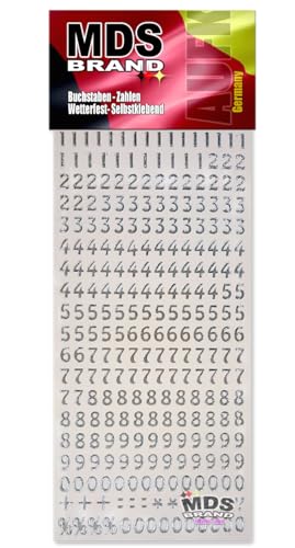 MDS Brand 1cm Zahlen Aufkleber Silber 0-9, Schriftgröße ca. 10 mm, selbstklebend, wetterfest, klein, Nummer Ziffer Klebezahlen Sticker Hausnummern aus Folie zum Aufkleben (1, Zahlen-Silber) von MDS Brand