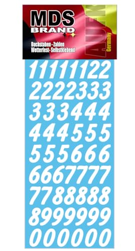 MDS Brand 2cm Zahlen Aufkleber 0-9, Schriftgröße ca. 20 mm, selbstklebend, wetterfest, klein, Nummer Ziffer Klebezahlen Sticker Hausnummern aus Folie zum Aufkleben (1, Weiss) von MDS Brand