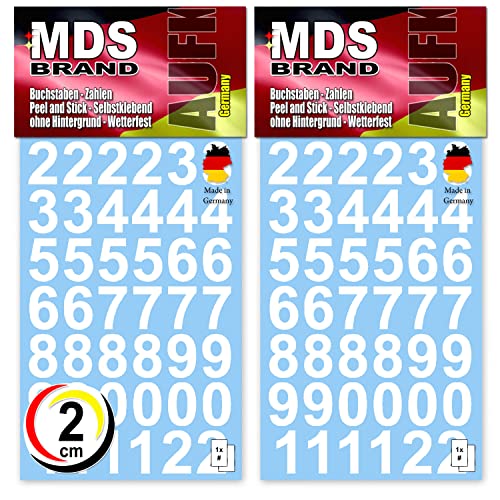 MDS Brand 2cm Zahlen Aufkleber Weiss 0-9, Schriftgröße ca. 20 mm, selbstklebend, wetterfest, klein, Nummer Ziffer Klebezahlen Sticker Hausnummern aus Folie zum Aufkleben Peel (2cm, Weiss) von MDS Brand