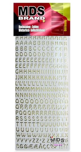 MDS Brand 7mm Buchstaben Aufkleber Gold A-Z, Schriftgröße ca. 7 mm, selbstklebend, wetterfest, klein, Nummer Ziffer KlebeBuchstaben Sticker Buchstaben aus Folie zum Aufkleben (1, Buchstaben-Gold) von MDS Brand