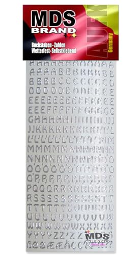 MDS Brand 7mm Buchstaben Aufkleber Silber A-Z, Schriftgröße ca. 7 mm, selbstklebend, wetterfest, klein, Nummer Ziffer KlebeBuchstaben Sticker Buchstaben aus Folie zum Aufkleben (1, Buchstaben-Silber) von MDS Brand