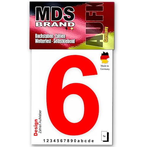 MDS Brand Design 10cm Zahlen Aufkleber Selbstklebende Klebezahlen für Briefkasten, Mülltonne & Hausnummeren Aufkleber für Außen & Innen, D-10-Rot (6) von MDS Brand