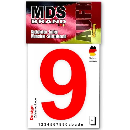 MDS Brand Design 10cm Zahlen Aufkleber Selbstklebende Klebezahlen für Briefkasten, Mülltonne & Hausnummeren Aufkleber für Außen & Innen, D-10-Rot (9) von MDS Brand