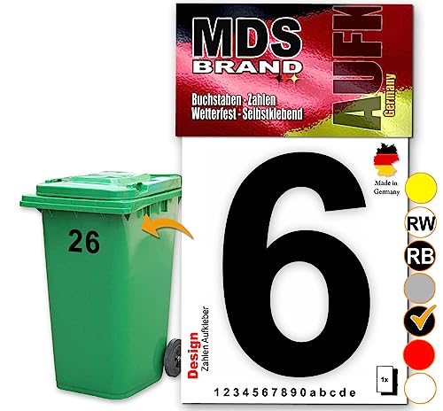MDS Brand Design 15cm Zahlen Aufkleber Selbstklebende Klebezahlen für Briefkasten, Mülltonne & Hausnummeren Aufkleber für Außen & Innen, D-15 (6, Schwarz) von MDS Brand