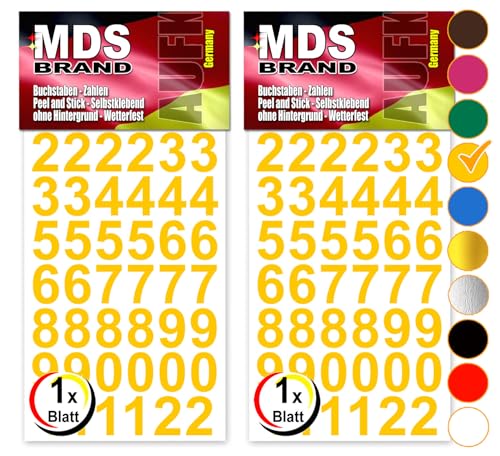 MDS Brand Design 2cm Zahlen Aufkleber | Selbstklebende Klebezahlen | Vinyl Hausnummern zum Aufkleben für Briefkasten, Mülltonnen Aufkleber, Buro Aufkleber, Zahlen für Außen & Innen Peel (Gelb) von MDS Brand