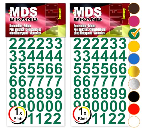 MDS Brand Design 2cm Zahlen Aufkleber | Selbstklebende Klebezahlen | Vinyl Hausnummern zum Aufkleben für Briefkasten, Mülltonnen Aufkleber, Buro Aufkleber, Zahlen für Außen & Innen Peel (Grün) von MDS Brand