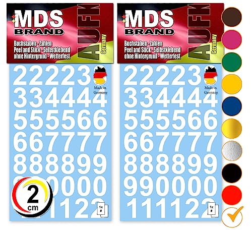 MDS Brand Design 2cm Zahlen Aufkleber | Selbstklebende Klebezahlen | Vinyl Hausnummern zum Aufkleben für Briefkasten, Mülltonnen Aufkleber, Buro Aufkleber, Zahlen für Außen & Innen Peel (Weiss) von MDS Brand