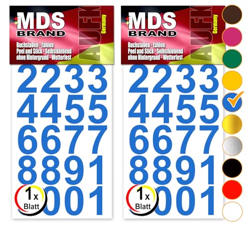 MDS Brand Design 3cm Zahlen Aufkleber | Selbstklebende Klebezahlen | Vinyl Hausnummern zum Aufkleben für Briefkasten, Mülltonnen Aufkleber, Buro Aufkleber, Zahlen für Außen & Innen Peel (Blau) von MDS Brand