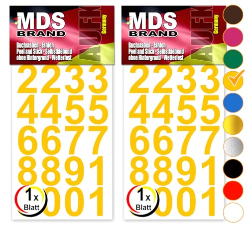 MDS Brand Design 3cm Zahlen Aufkleber | Selbstklebende Klebezahlen | Vinyl Hausnummern zum Aufkleben für Briefkasten, Mülltonnen Aufkleber, Buro Aufkleber, Zahlen für Außen & Innen Peel (Gelb) von MDS Brand