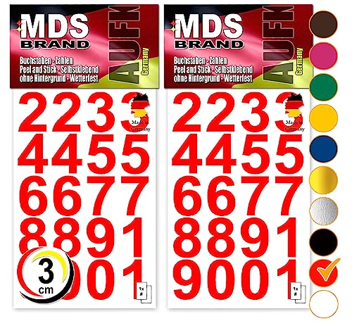 MDS Brand Design 3cm Zahlen Aufkleber | Selbstklebende Klebezahlen | Vinyl Hausnummern zum Aufkleben für Briefkasten, Mülltonnen Aufkleber, Buro Aufkleber, Zahlen für Außen & Innen Peel (Rot) von MDS Brand