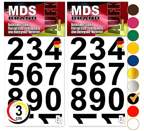 MDS Brand Design 3cm Zahlen Aufkleber | Selbstklebende Klebezahlen | Vinyl Hausnummern zum Aufkleben für Briefkasten, Mülltonnen Aufkleber, Buro Aufkleber, Zahlen für Außen & Innen Peel (Schwarz) von MDS Brand
