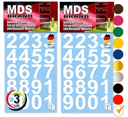 MDS Brand Design 3cm Zahlen Aufkleber | Selbstklebende Klebezahlen | Vinyl Hausnummern zum Aufkleben für Briefkasten, Mülltonnen Aufkleber, Buro Aufkleber, Zahlen für Außen & Innen Peel (Weiss) von MDS Brand
