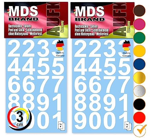 MDS Brand Design 3cm Zahlen Aufkleber | Selbstklebende Klebezahlen | Vinyl Hausnummern zum Aufkleben für Briefkasten, Mülltonnen Aufkleber, Buro Aufkleber, Zahlen für Außen & Innen Peel (Weiss) von MDS Brand