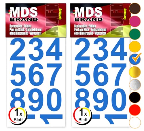 MDS Brand Design 4cm Zahlen Aufkleber | Selbstklebende Klebezahlen | Vinyl Hausnummern zum Aufkleben für Briefkasten, Mülltonnen Aufkleber, Buro Aufkleber, Zahlen für Außen & Innen Peel (Blau) von MDS Brand