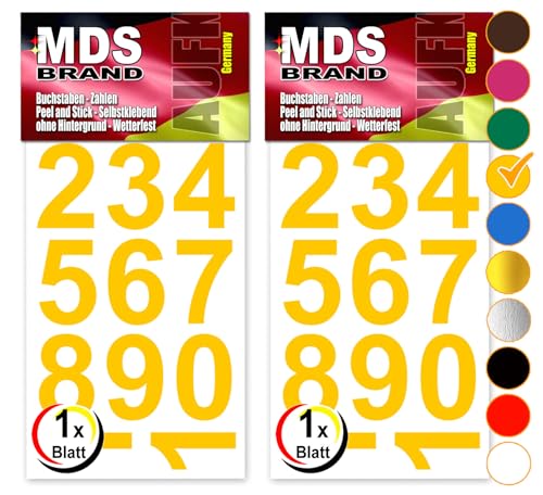 MDS Brand Design 4cm Zahlen Aufkleber | Selbstklebende Klebezahlen | Vinyl Hausnummern zum Aufkleben für Briefkasten, Mülltonnen Aufkleber, Buro Aufkleber, Zahlen für Außen & Innen Peel (Gelb) von MDS Brand