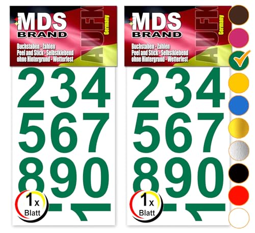 MDS Brand Design 4cm Zahlen Aufkleber | Selbstklebende Klebezahlen | Vinyl Hausnummern zum Aufkleben für Briefkasten, Mülltonnen Aufkleber, Buro Aufkleber, Zahlen für Außen & Innen Peel (Grün) von MDS Brand