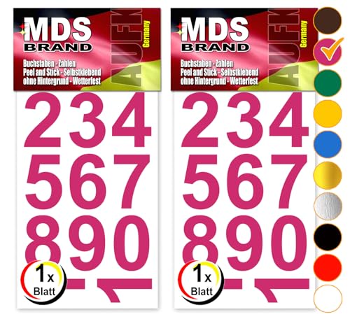 MDS Brand Design 4cm Zahlen Aufkleber | Selbstklebende Klebezahlen | Vinyl Hausnummern zum Aufkleben für Briefkasten, Mülltonnen Aufkleber, Buro Aufkleber, Zahlen für Außen & Innen Peel (Pink) von MDS Brand