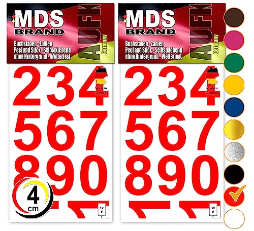 MDS Brand Design 4cm Zahlen Aufkleber | Selbstklebende Klebezahlen | Vinyl Hausnummern zum Aufkleben für Briefkasten, Mülltonnen Aufkleber, Buro Aufkleber, Zahlen für Außen & Innen Peel (Rot) von MDS Brand