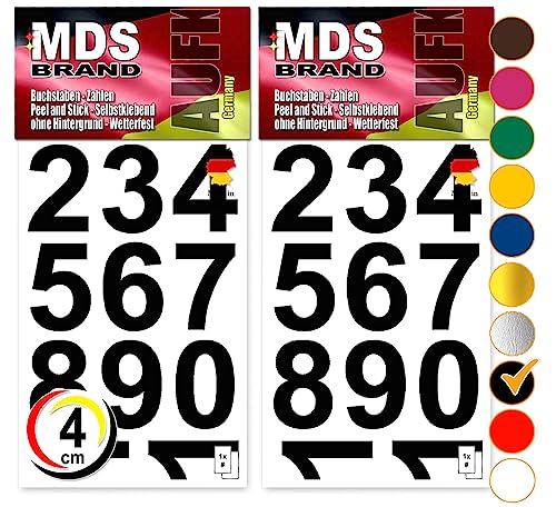 MDS Brand 4cm Zahlen Aufkleber Schwarz | Selbstklebende Klebezahlen | Vinyl Klebeziffer zum Aufkleben für Briefkasten, Büro Ordner, Hausnummer für Außen & Innen Peel (Schwarz) von MDS Brand