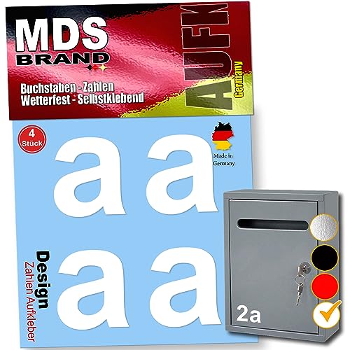 MDS Brand Design 8cm Buchstaben Aufkleber 4x Sparr-Pack Selbstklebende Buchstaben für Briefkasten, Mülltonne & Hausnummeren Aufkleber für Außen & Innen, D-8 (Weiss-a) von MDS Brand